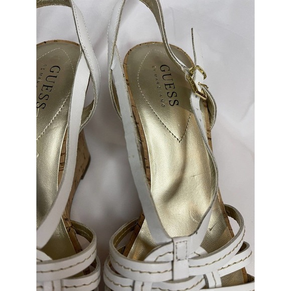 Womens Guess White Platform Sandal 8 Cork Leather 4 Inch Summer Straps Wedge - Picture 10 of 10